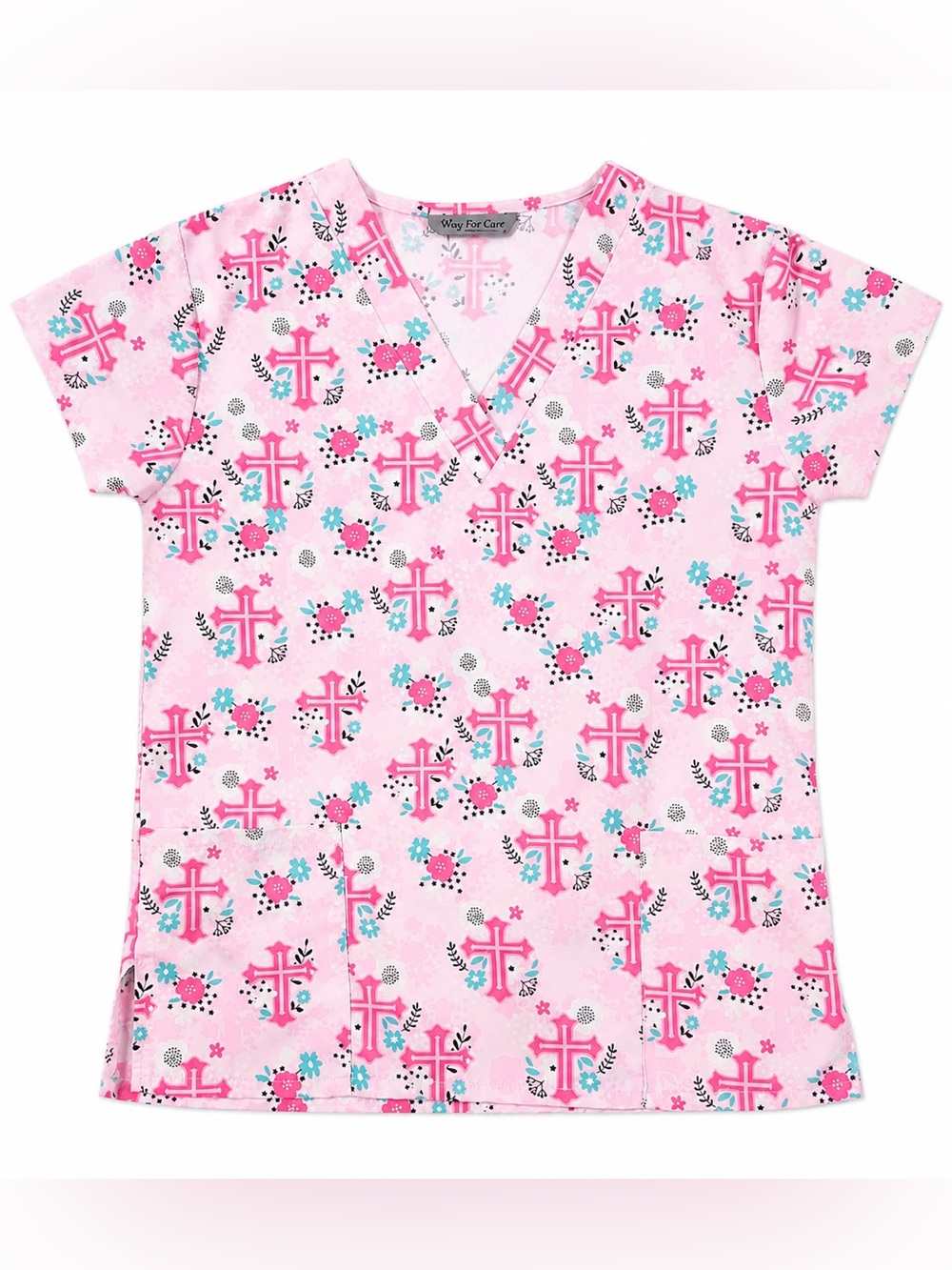 Wear For Care Pink Cross Scrub Top Size Small | V-Neck Medical Uniform | Nurse
